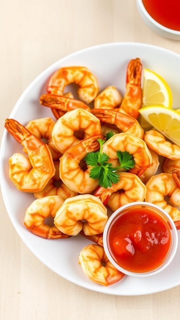 Crispy Air Fryer Shrimp Recipe Crispy air fryer shrimp garnished with parsley and served with cocktail sauce and lemon wedges.